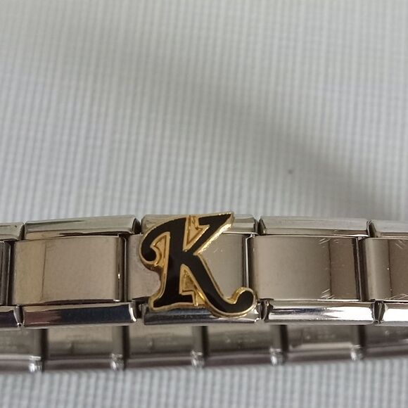 Vintage Silver Toned Composable Stainless Steel Metal Elastic K Charm Bracelet - Picture 8 of 12